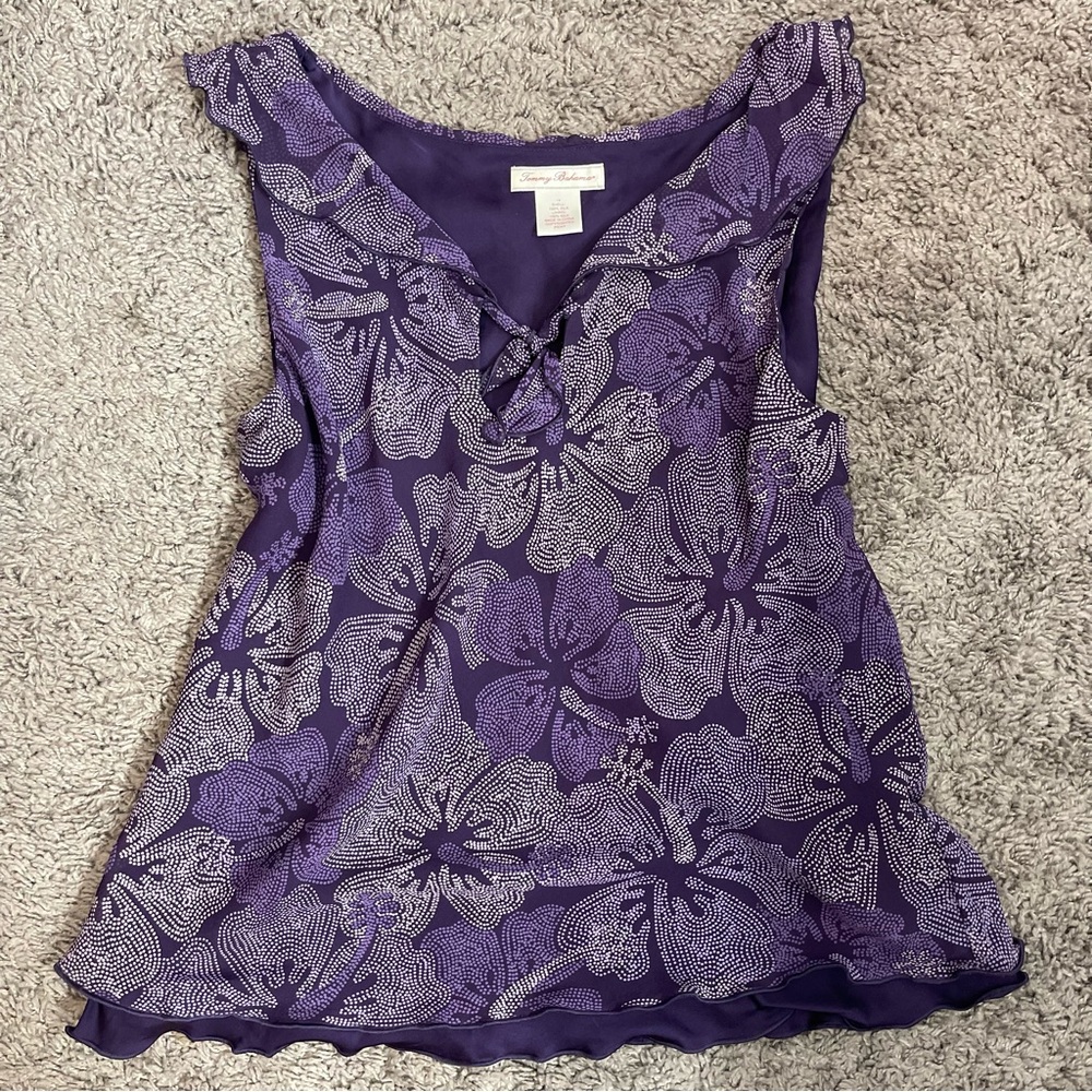 100% Silk Tommy Bahama Sleeveless Floral Top – Purple Hibiscus Print (Size M)